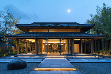 Fototapeta premium At night, the gatehouse of a residential community