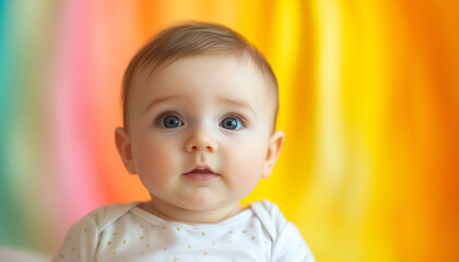 Cute baby with blue eyes and light brown hair in a white onesie against a colorful background of yellow, pink, and blue hues.