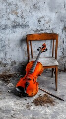 Abandoned Violin Lies Next to Weathered Wooden Chair in Desolate Setting