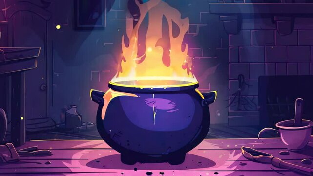 A bubbling cauldron filled with a glowing liquid sits on a rustic table in a dimly lit room. Vibrant flames dance, casting shadows on stone walls, creating an enchanting atmosphere of magic.