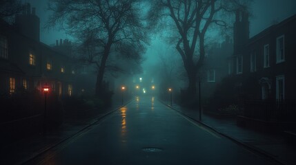 Eerie Victorian town street at night enveloped in thick fog with glowing street lamps creating a hauntingly beautiful atmosphere