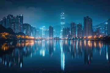 Fototapeta premium At night, the city's high-rise buildings by the lake