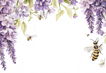 Bridgerton-Inspired Floral Background.Perfect for Invitations, Greeting Cards, and Banners. A Delicate Watercolor Illustration Featuring Light Purple Wisteria Blooms and Charming Bees