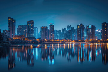 Naklejka premium At night, the city's high-rise buildings by the lake