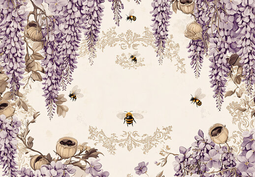 Bridgerton-Inspired Floral Background.Perfect for Invitations, Greeting Cards, and Banners. A Delicate Watercolor Illustration Featuring Light Purple Wisteria Blooms and Charming Bees