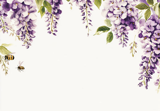 Bridgerton-Inspired Floral Background.Perfect for Invitations, Greeting Cards, and Banners. A Delicate Watercolor Illustration Featuring Light Purple Wisteria Blooms and Charming Bees