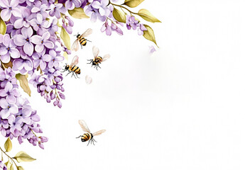 Bridgerton-Inspired Floral Background.Perfect for Invitations, Greeting Cards, and Banners. A Delicate Watercolor Illustration Featuring Light Purple Wisteria Blooms and Charming Bees