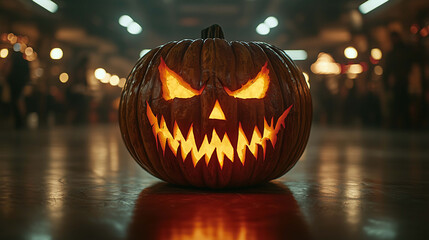 Halloween Night Terror, A Pumpkin with Scary Eyes Glowing from Within and a Wicked Grin