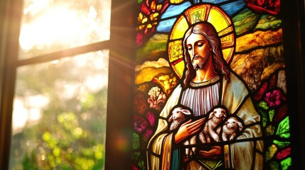 Obraz premium A stained glass window depicting Jesus and lambs, illuminated by sunlight, with vivid colors. Focus on the window details. No people.