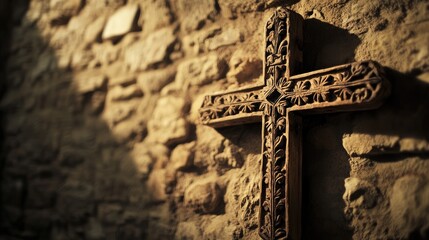 A wooden cross adorned with intricate carvings, hanging against a rustic stone wall, casting a soft shadow. No people, focus on details.