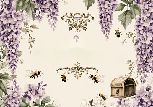 Bridgerton-Inspired Floral Background.Perfect for Invitations, Greeting Cards, and Banners. A Delicate Watercolor Illustration Featuring Light Purple Wisteria Blooms and Charming Bees