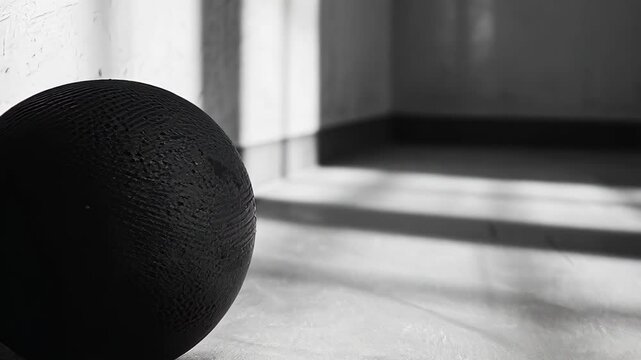 A striking monochrome a textured black sphere dodge ball against a softly lit wall. minimalist composition highlights elegance, depth, and simplicity, ideal for modern decor and art.
