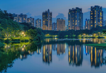 At night, the city's high-rise buildings by the lake