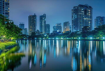 Naklejka premium At night, the city's high-rise buildings by the lake