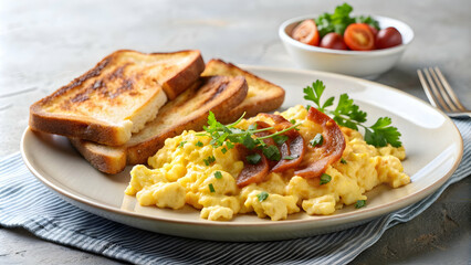 Scrambled eggs with crispy bacon and buttered toast on a plate , breakfast, morning meal, traditional, delicious, eggs, bacon