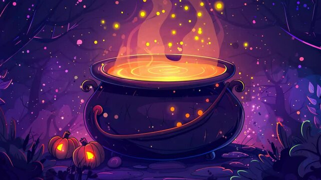 A whimsical scene featuring a magical cauldron in an enchanting forest. bubbling, vibrant potion emits colorful steam, with glowing pumpkins nearby.