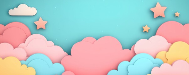 Light and airy pastel cartoon background with clouds and stars, generous copy space, perfect for playful designs