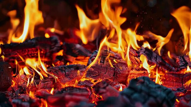 A close-up of a roaring fire reveals vibrant orange and yellow flames dancing above glowing red and black embers, evoking warmth and energy for outdoor and culinary themes.