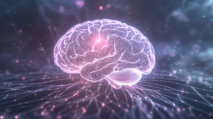 complex electronic brain, with glowing neural circuits intertwined with a quantum computing grid. The circuits should light up in electric blues and purples, symbolizing artificial