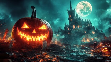 Fototapeta premium A vibrant Halloween backdrop features glowing pumpkins, a spooky graveyard, and a haunted castle illuminated by a full moon, creating an eerie atmosphere