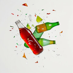 Shattering soda bottles with glass fragments in mid-air