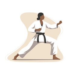 Black Belt Karate Woman – Flat Vector Illustration of a Skilled Martial Artist in Action