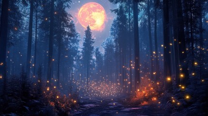 Magical forest path illuminated by fireflies and a full moon.
