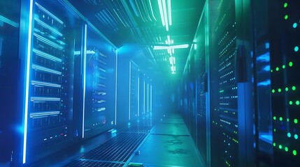 Brightly lit server room with rows of racks and neon blue and green lighting creating a futuristic and cyberpunk aesthetic.