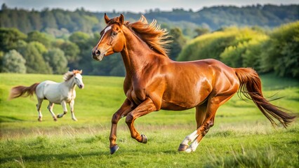 A magnificent brown horse thundered across the lush green meadow, its shiny coat glistening in the sunlight with
