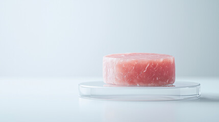 Fototapeta premium 3D-printed meat product on a modern, minimalist platform, set against a background that hints at advanced technology. The scene should focus on the innovative aspects of synthetic