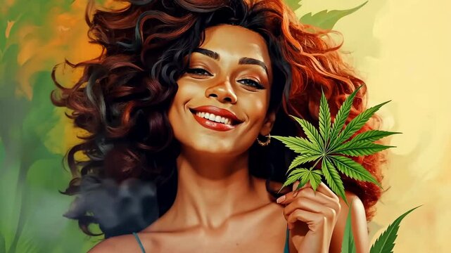 Vibrant illustration of a smiling Latina woman with a beautiful face smoking ganja weed.