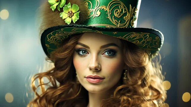 Celebrate St. Patricks Day with a beautiful female leprechaun in a green hat and a lovely smile.