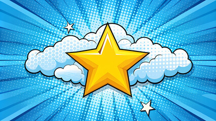 Blue sky background with yellow star and white cloud in comic pop art style, Pop art, comic, background, cloud, star, cartoon