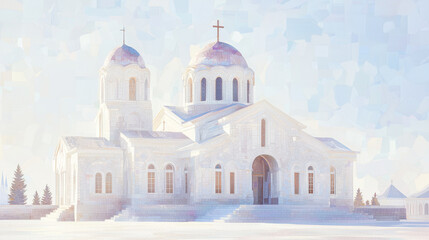 Obraz premium Orthodox Church with an abstract, mosaic-style background using a palette of white, purple, and gray. The background should feature intricate, abstract patterns that evoke the feel