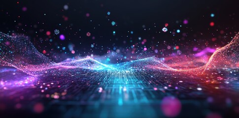 Obraz premium Abstract quantum computing with floating particles and grids 