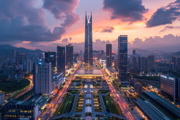 Obraz premium At night, high-rise buildings in modern cities