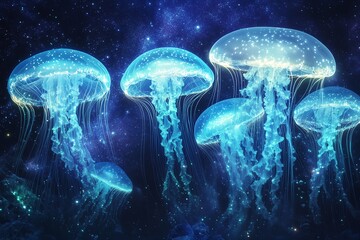 A vibrant frontal view of a magical marine lightshow, bioluminescent jellyfish floating gracefully, illuminated waves shimmering in blues and greens, photorealistic style