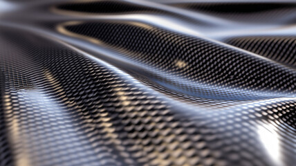 A close-up of a carbon fiber material, showcasing its intricate weave pattern and metallic sheen.