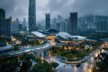 Fototapeta premium At night, high-rise buildings in modern cities