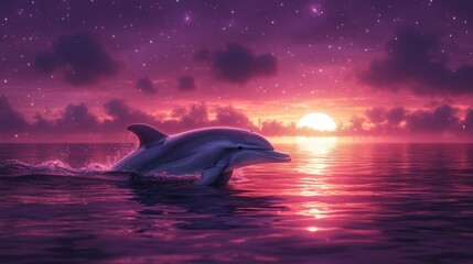 Fototapeta premium This enchanting illustration shows a dolphin swimming under a shimmering moon and stars, against a dreamy purple and pink backdrop.