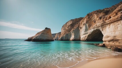 Obraz premium Coastal Cliffs Enclosing a Sandy Cove and Turquoise Water.