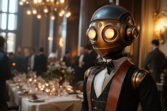 A golden robot in a tuxedo stands in a grand ballroom.
