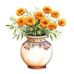 Fototapeta premium A vibrant bouquet of yellow flowers in a decorative pottery vase, perfect for enhancing any floral-themed design.