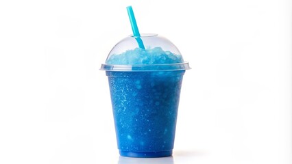 A refreshing blue slushy drips down the sides of a clear plastic cup, contrasting with the bright white