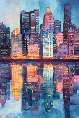 A vibrant urban skyline at dusk