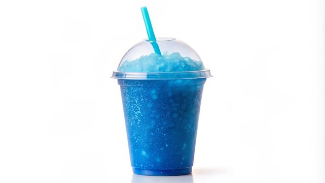 A refreshing blue slushy drips down the sides of a clear plastic cup, contrasting with the bright white