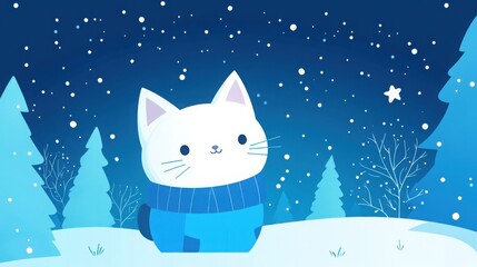 Fototapeta premium A cute cat in a cozy blue winter outfit stands joyfully in a snowy forest under a twinkling starry sky during a serene winter night drawing