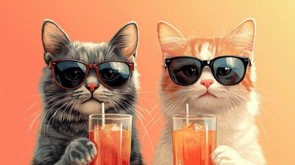 Stylish anthropomorphic cats enjoying drinks in sunglasses with a chic minimalist design and muted colors in a modern setting