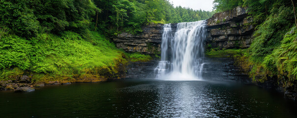 Fototapeta premium Panoramic view of a multitiered waterfall, with multiple cascades flowing into a large, tranquil lake in the heart of a forest