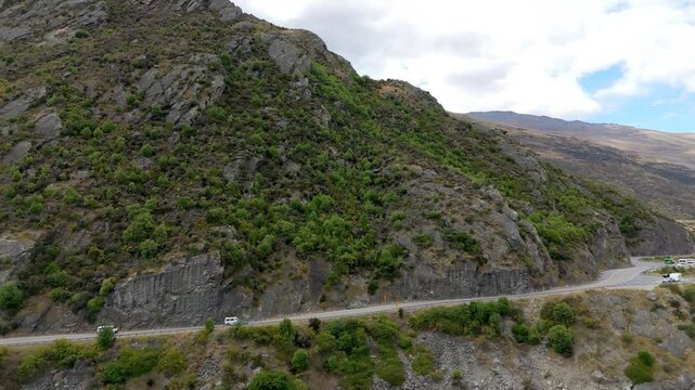 Drone view of Devil's Staircase Lookout Point road beside Wakatipu Lake near Queenstown in New Zealand. Nature landscape.